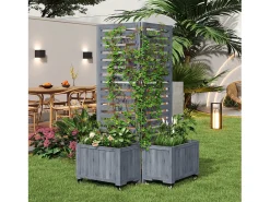 Jardineira com treliça para plantas trepadeiras - 102,5 x 32 x 152,5 cm - com rodízios dobráveis - madeira - cinza