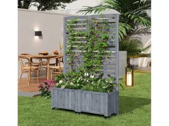 Jardineira com treliça para plantas trepadeiras - 102,5 x 32 x 152,5 cm - com rodízios dobráveis - madeira - cinza