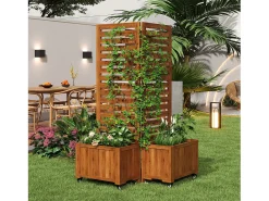 Jardineira com treliça para plantas trepadeiras - 102,5 x 32 x 152,5 cm - com rodízios dobráveis - madeira - natural