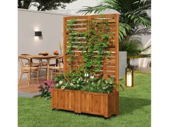 Jardineira com treliça para plantas trepadeiras - 102,5 x 32 x 152,5 cm - com rodízios dobráveis - madeira - natural