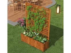 Jardineira com treliça para plantas trepadeiras - 102,5 x 32 x 152,5 cm - com rodízios dobráveis - madeira - natural