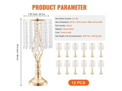 Jarra SucceBuy Conjunto com 12 Jarras de Cristal de 49 cm, Douradas, Florais, para Casamento, Cerimónia, Metal/Dourado