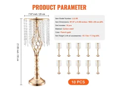 Jarra SucceBuy Conjunto de 10 Suportes para Flores de Cristal com 55 cm de Altura, Vaso de Metal Dourado para Decoração, Testemunhe os Seus Momentos Felizes