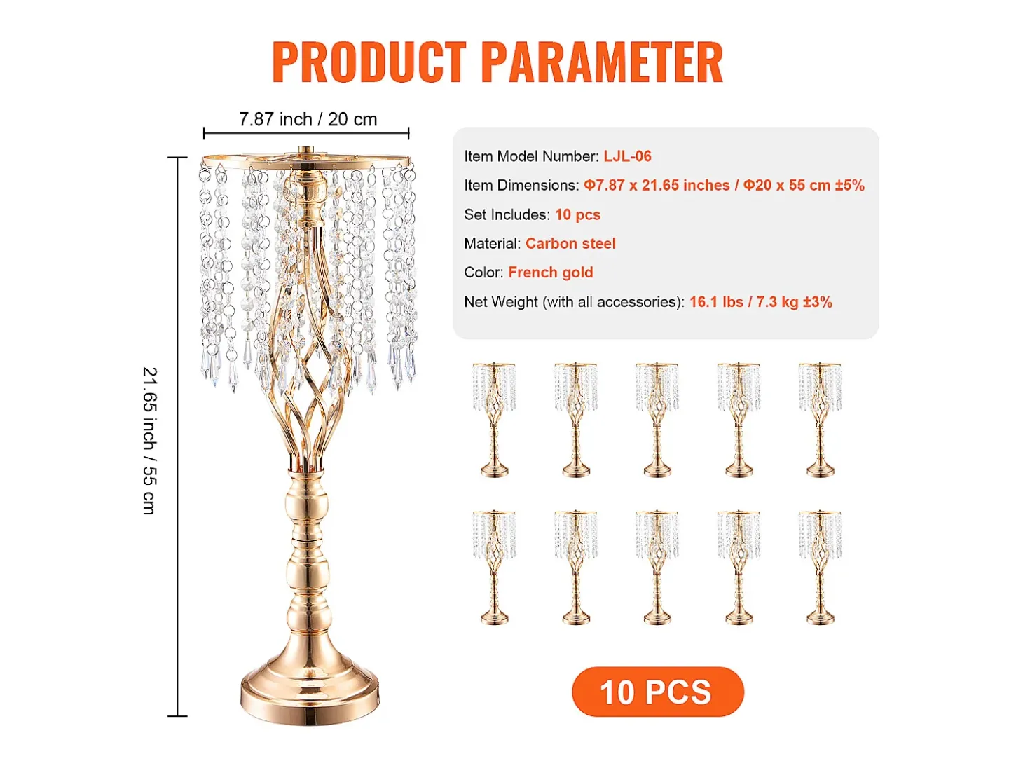 Jarra SucceBuy Conjunto de 10 Suportes para Flores de Cristal com 55 cm de Altura, Vaso de Metal Dourado para Decoração, Testemunhe os Seus Momentos Felizes