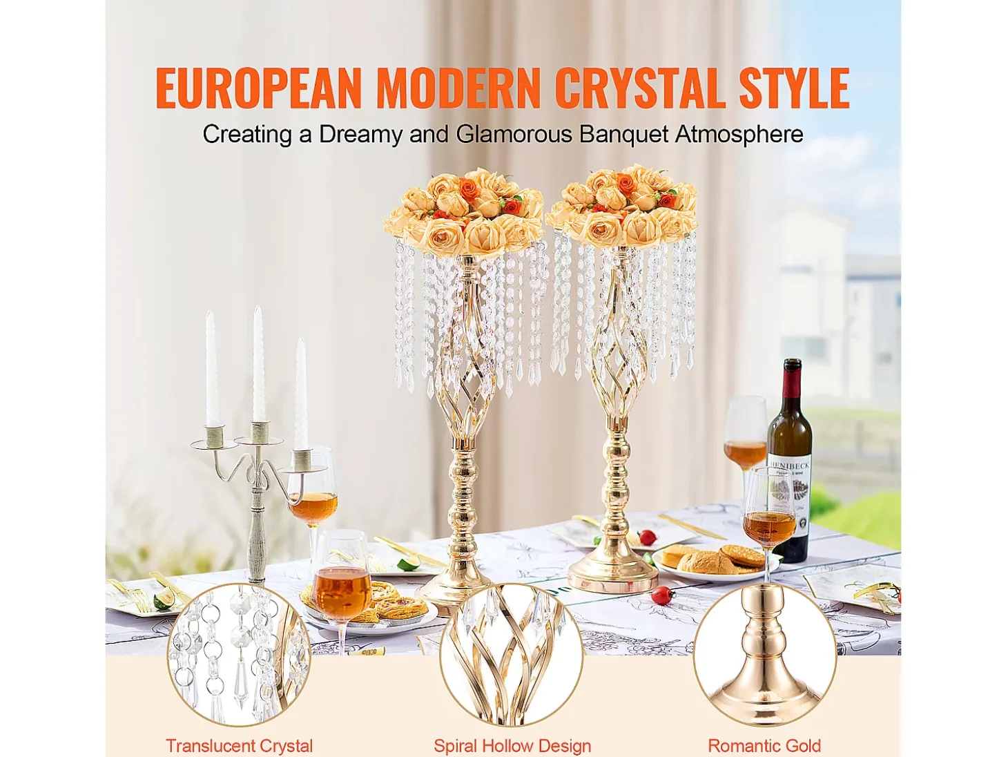 Jarra SucceBuy Conjunto de 10 Suportes para Flores de Cristal com 55 cm de Altura, Vaso de Metal Dourado para Decoração, Testemunhe os Seus Momentos Felizes