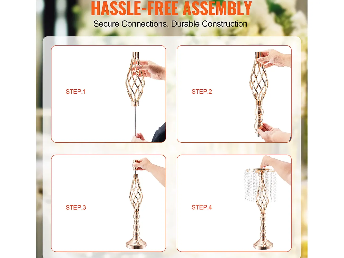 Jarra SucceBuy Conjunto de 10 Suportes para Flores de Cristal com 55 cm de Altura, Vaso de Metal Dourado para Decoração, Testemunhe os Seus Momentos Felizes