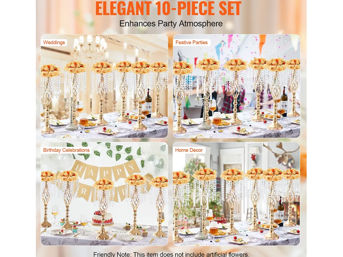 Jarra SucceBuy Conjunto de 10 Suportes para Flores de Cristal com 55 cm de Altura, Vaso de Metal Dourado para Decoração, Testemunhe os Seus Momentos Felizes