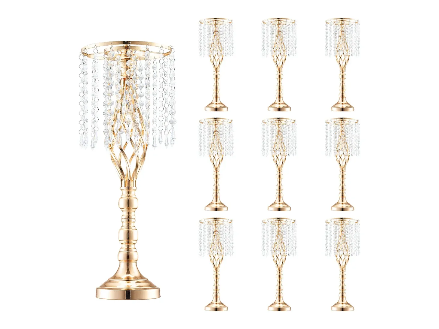 Jarra SucceBuy Conjunto de 10 Suportes para Flores de Cristal com 55 cm de Altura, Vaso de Metal Dourado para Decoração, Testemunhe os Seus Momentos Felizes