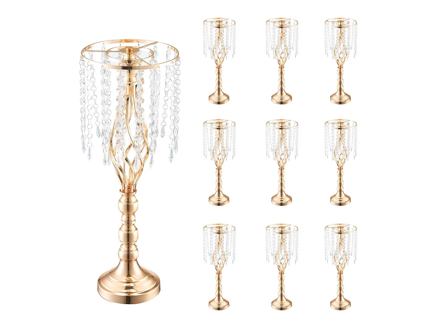 Jarra SucceBuy Conjunto de 10 Suportes para Flores de Cristal com 55 cm de Altura, Vaso de Metal Dourado para Decoração, Testemunhe os Seus Momentos Felizes
