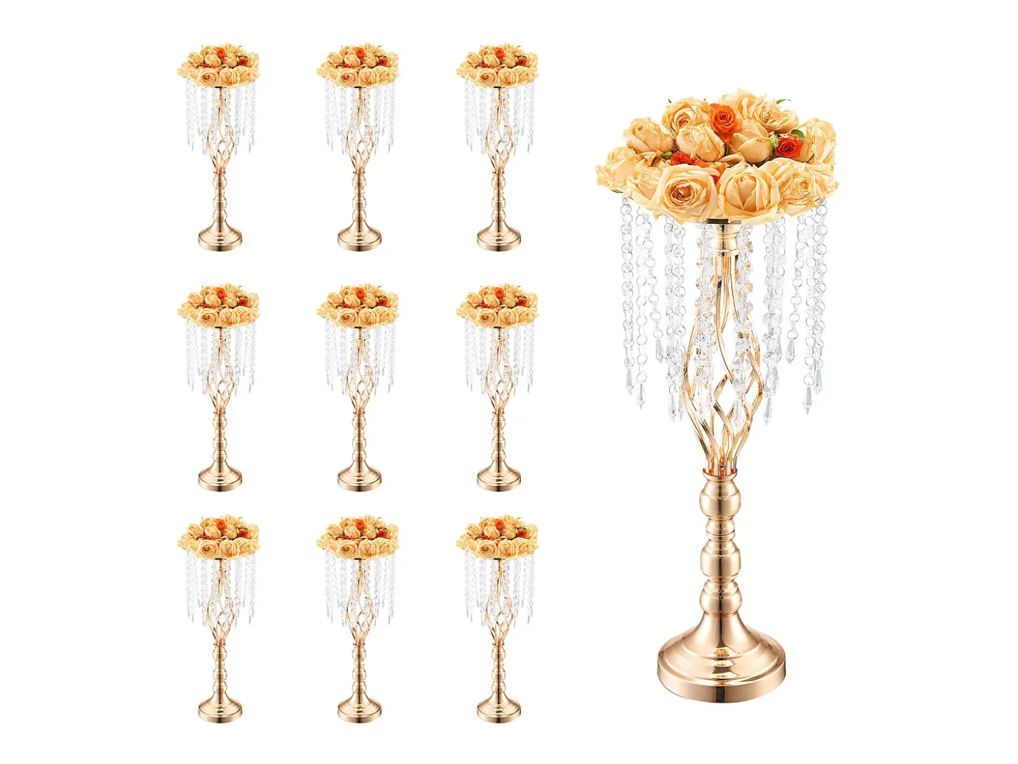 Jarra SucceBuy Conjunto de 10 Suportes para Flores de Cristal com 55 cm de Altura, Vaso de Metal Dourado para Decoração, Testemunhe os Seus Momentos Felizes