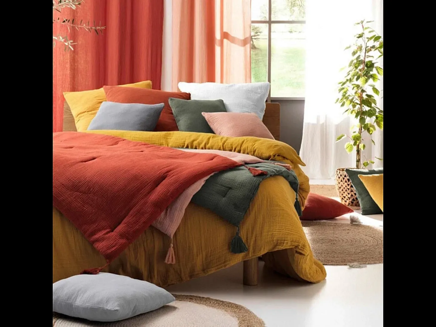 Jogo de cama 260x240 cm em gaze dupla de algodão marrom Oeko-Tex, capa com botões de pressão, 2 fronhas 63x63 cm