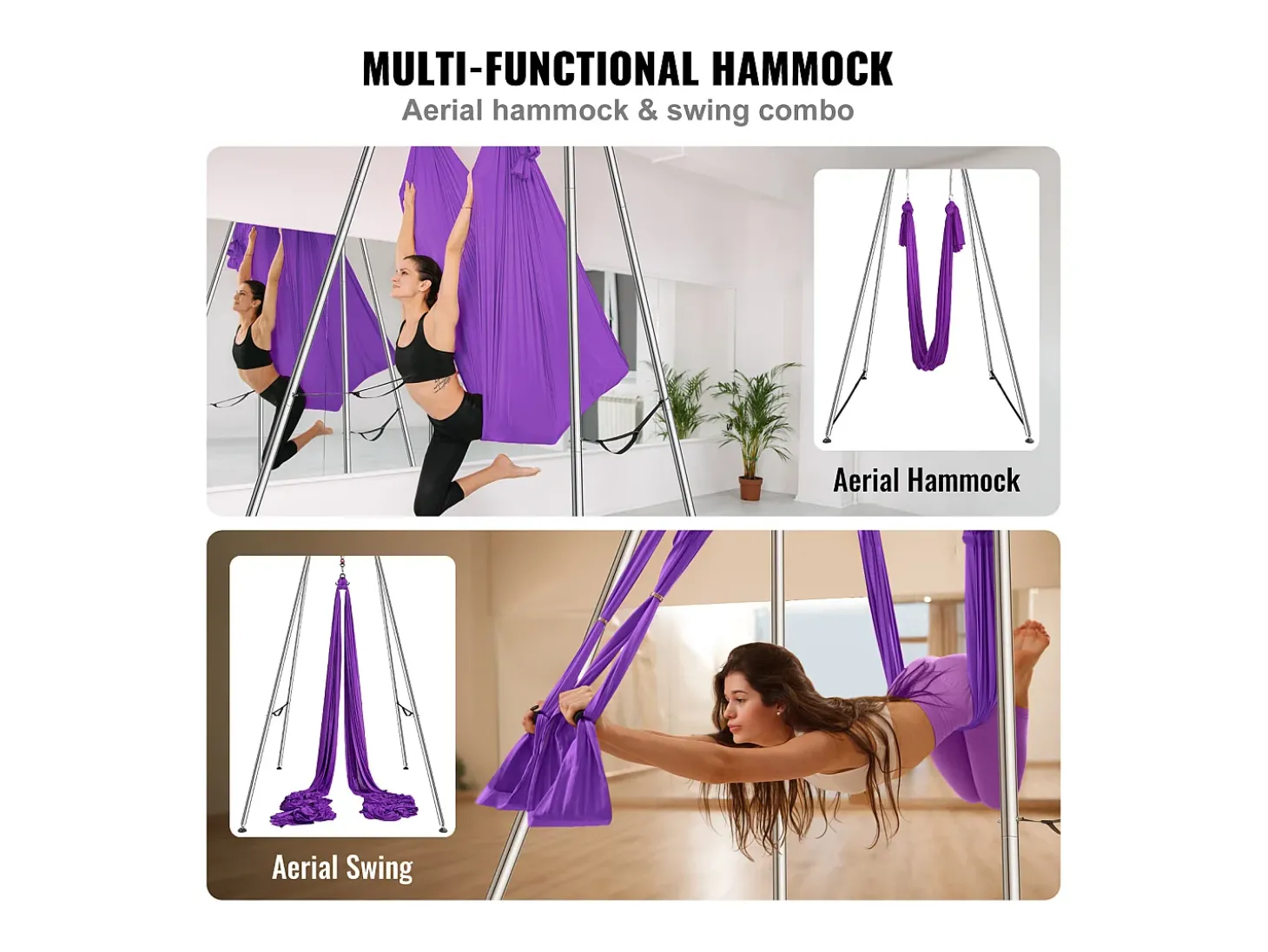 Kit de Balanço de Yoga SucceBuy, com Suporte e Rede Aérea, Capacidade de 250 kg, Estrutura de Yoga Roxa