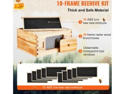 Kit de Colmeia de Abelhas SucceBuy com 10 Molduras e Janelas de Acrílico para Abelhas, 100 % Madeira de Cedro Natural Revestida de Cera de Abelha
