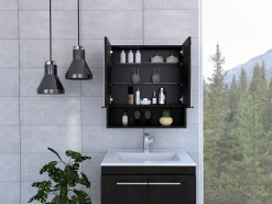 Kit de Primeiros Socorros Jaspe em Melamina, com espelhos, 62.48 cm X 59.94 cm X 13.97 cm , Preto