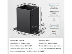 Kit de Suporte SucceBuy - Embalagem de 4 Suportes para Base de Poste de 101,6 x 101,6 mm, Ancoragem Reforçada para Vedação de Madeira