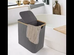 150L Cesta de linho dobrável, em tecido cinza, com 2 capas e 2 bolsa interior destacável, 57x37x70cm