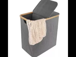 150L Cesta de linho dobrável, em tecido cinza, com 2 capas e 2 bolsa interior destacável, 57x37x70cm