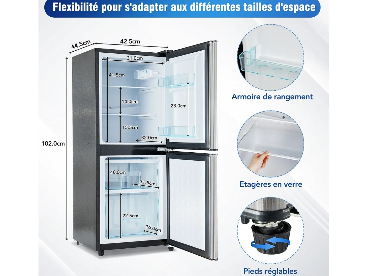 106L Prata+geladeira preta, com partição de vidro e pés ajustáveis, 7 temperatura, -25 ~ 10 ℃, classe de eficiência energética