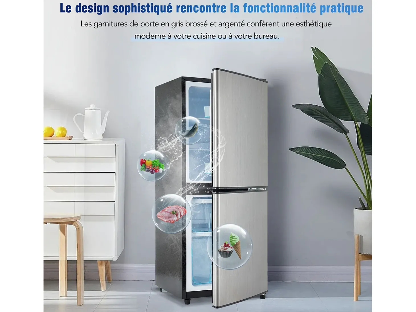 106L Prata+geladeira preta, com partição de vidro e pés ajustáveis, 7 temperatura, -25 ~ 10 ℃, classe de eficiência energética