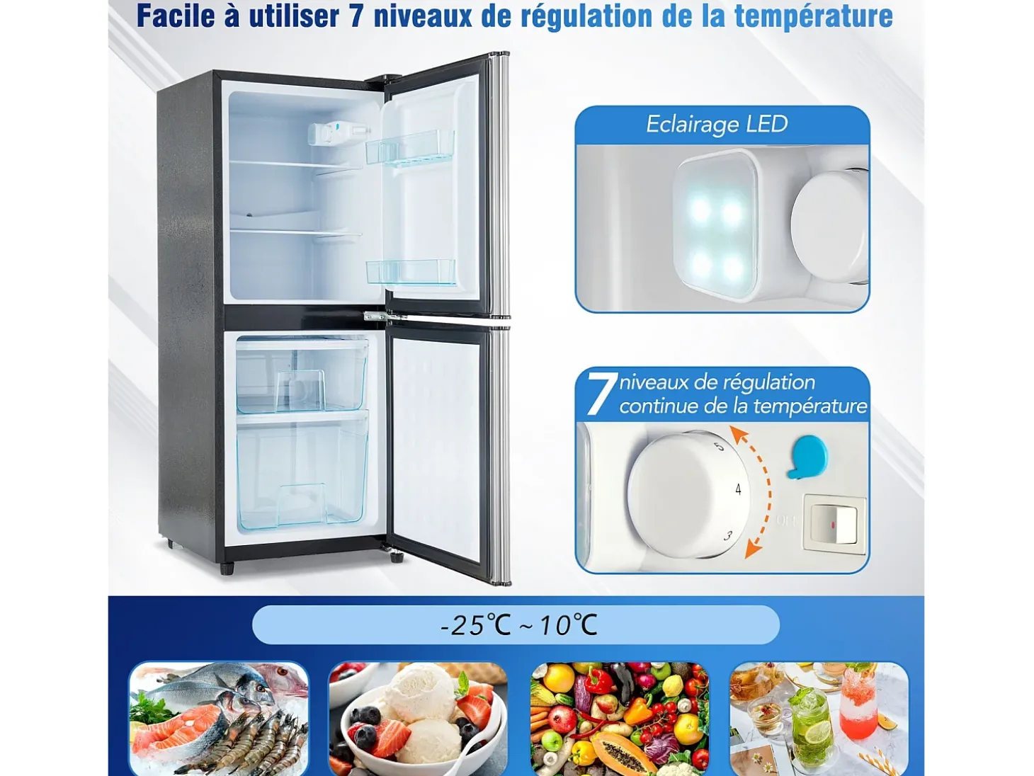 106L Prata+geladeira preta, com partição de vidro e pés ajustáveis, 7 temperatura, -25 ~ 10 ℃, classe de eficiência energética