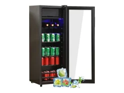 128L Refrigerador, com 3 prateleiras ajustáveis ​​e porta de vidro, -10 ° C a 10 ° C, 90 kWh/ano, eficiência energética F, 40x41x109.5cm