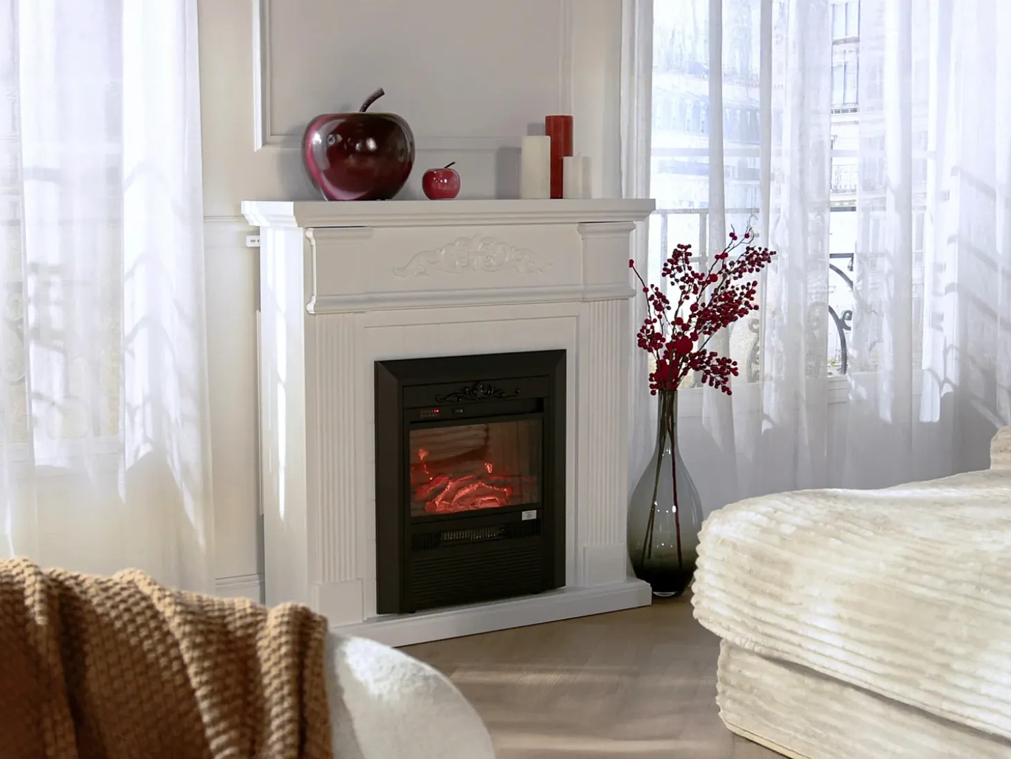 Lareira eléctrica de chão - Com cornija - C98 x P26 x A100,8 cm - Branco - OTEMANU