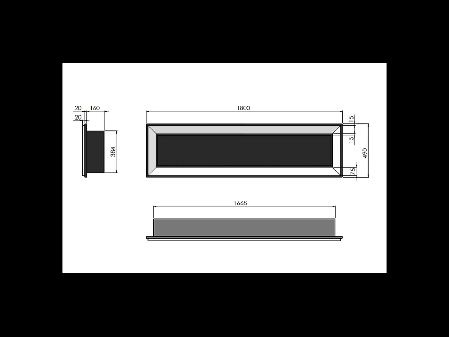 Lareira embutida a bioetanol Frame 1800 SimpleFire com vidro preto