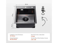 Lava-loiça de Cozinha SucceBuy, Lava-loiça de Cozinha de 40 cm com Montagem Superior, Cuba Simples, Aço Inoxidável, Preto