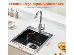 Lava-loiça de Cozinha SucceBuy, Lava-loiça de Cozinha de 40 cm com Montagem Superior, Cuba Simples, Aço Inoxidável, Preto