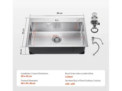 Lava-Loiça de Cozinha SucceBuy Lava-Loiça de Cozinha de 68CM com Montagem Superior e Cuba Simples, Lava-loiça em Aço Inoxidável com Balcão