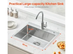 Lava-Loiça de Cozinha SucceBuy Lava-Loiça de Cozinha de 68CM com Montagem Superior e Cuba Simples, Lava-loiça em Aço Inoxidável com Balcão
