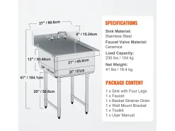 Lava-loiça de Serviço, SucceBuy, Lava-loiça Comercial de Cozinha e Preparação com 1 Compartimento e Backsplash em Aço Inoxidável