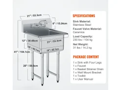 Lava-loiça de Serviço, SucceBuy 53.3x104.1CM, Lava-loiça de Serviço e Preparação com 1 Compartimento e Backsplash em Aço Inoxidável