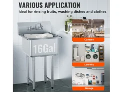 Lava-loiça de Serviço, SucceBuy 53.3x104.1CM, Lava-loiça de Serviço e Preparação com 1 Compartimento e Backsplash em Aço Inoxidável