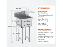 Lava-loiça de Serviço, SucceBuy 45.7x104.1CM, Lava-loiça de Serviço e Preparação com 1 Compartimento e Backsplash em Aço Inoxidável
