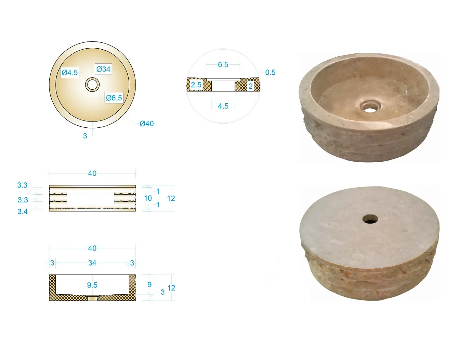 Lavatório de pousar em mármore cor creme D40 cm - CIRILA