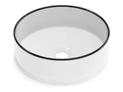 Lavatório de pousar redondo em cerâmica branco com borda preta, 36 cm - LENISO II