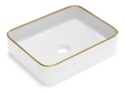 Lavatório de pousar retangular em cerâmica branco com borda dourada 50 x 39 cm - JUNIKO II