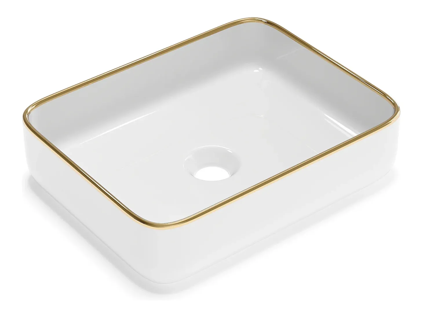 Lavatório de pousar retangular em cerâmica branco com borda dourada 50 x 39 cm - JUNIKO II