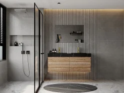 Lavatório duplo suspenso solid surface efeito mármore preto C120 cm TAKOTNA