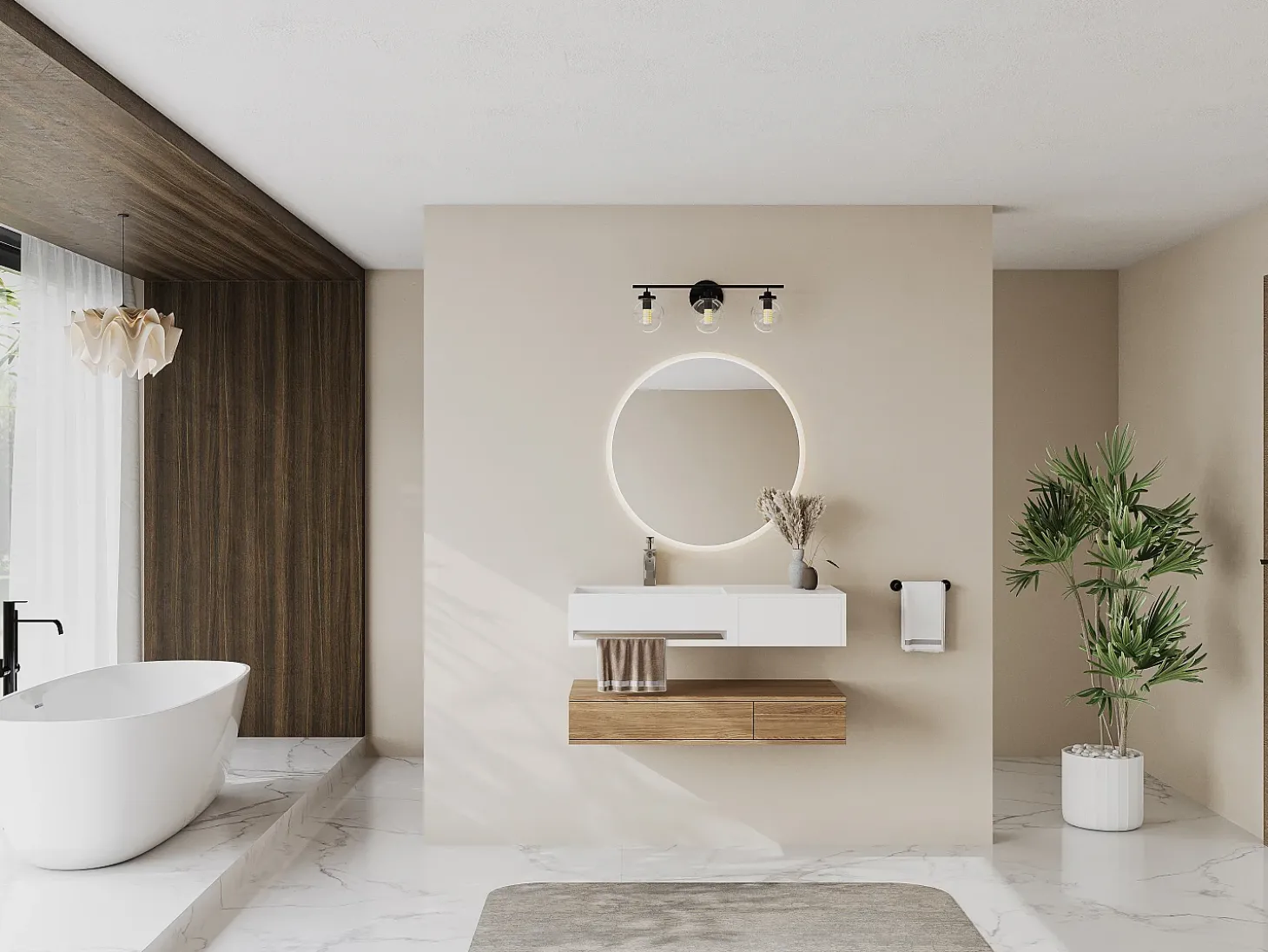 Lavatório suspenso branco em solid surface com toalheiro - 90 cm - GANDAKI