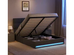 Lit coffre 160x200 cm com cabeceira ajustável - LED RGB - USB+Type-C - em veludo - Cinza antracite