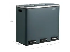 Lixeira de reciclagem 3 x 18 litros 3 compartimentos mecanismo tampão pedais tampa baldes internos de plástico com alças cinza antracite 12_0003236