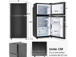 22L+38L Refrigerador com pés LED, ajustáveis, 172 kWh/ano, -27 ° C a 13 ° C, 7 nível de temperatura, energia E, 42x45.5x86.8cm