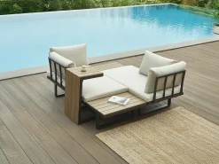 Lounge modular de jardim em alumínio: 2 sofás e uma mesa de centro - Antracite com almofadas bege - BAMBAÏA de MYLIA