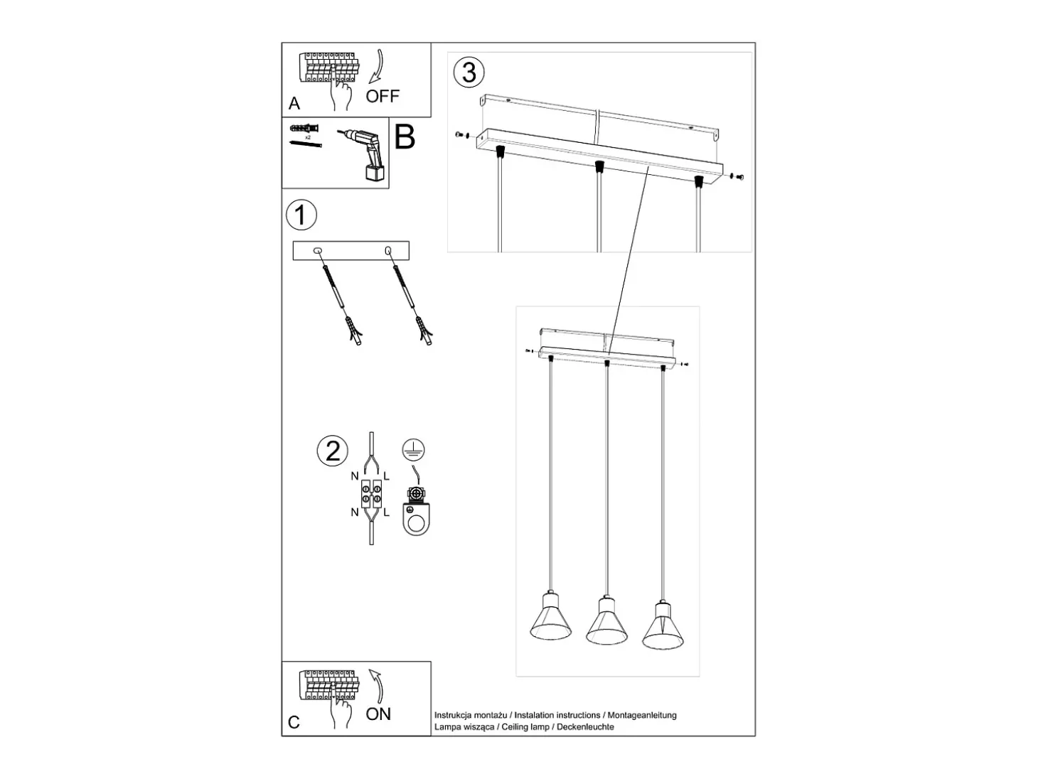 Luminárias pendentes Faldura moderno, aço - 3 fontes de luz 4000K - L.45 x H.120 cm - preto