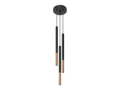 Luminárias pendentes Flar moderno, aço - 3 fontes de luz 3000K - L.20 x H.90 cm - preto/cobre