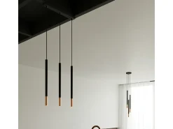 Luminárias pendentes Flar moderno, aço - 3 fontes de luz 3000K - L.20 x H.90 cm - preto/cobre