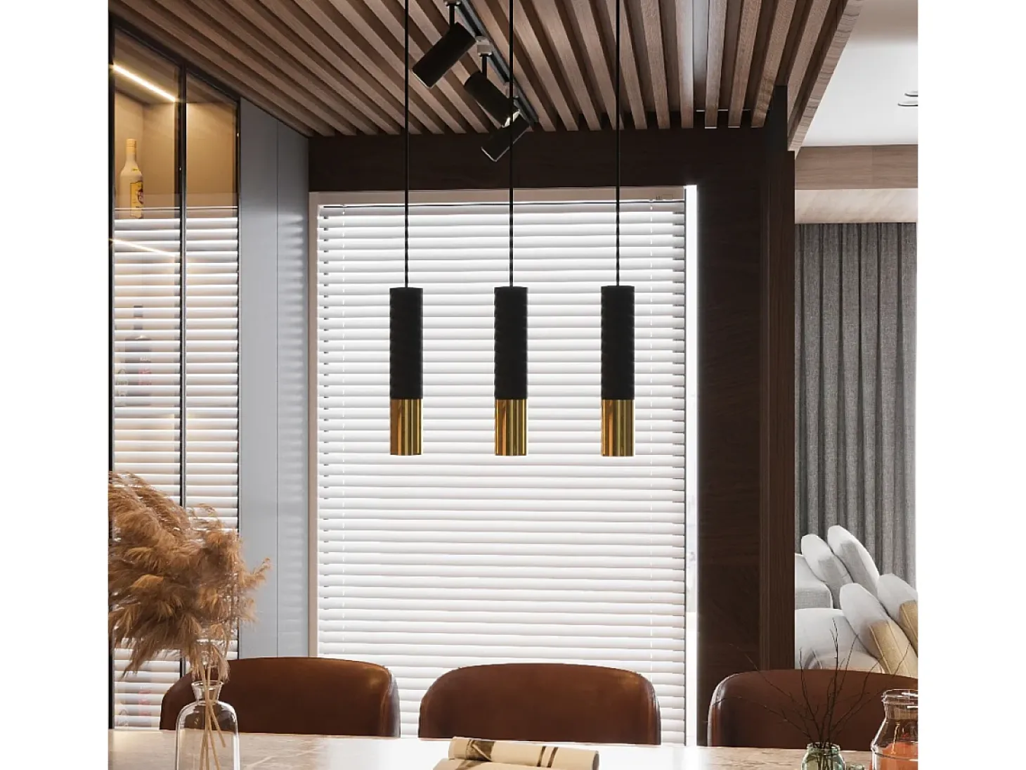 Luminárias pendentes Zarpex moderno, aço - 3 fontes de luz 3000K - L.20 x H.90 cm - ouro Preto