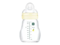 Mam Biberão de vidro 170 ml branco +0m, tetina SkinSoft fluxo lento, boca larga, resistente ao calor